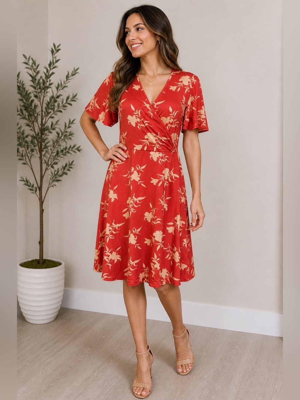 NWT 41 Hawthorn Rose of Sharon Flutter Sleeve Faux Wrap Dress in Coral Size M
